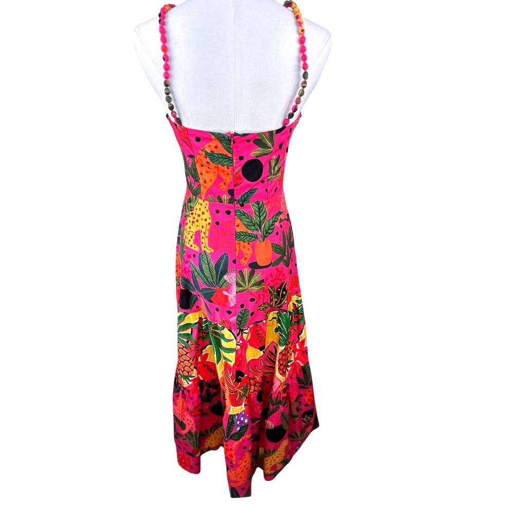Farm Rio SZ XS Leopards Pop Tropical Jungle Maxi Dress Pink Multi Tiered Beaded - Picture 6 of 16